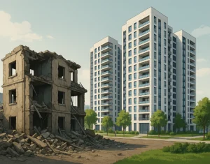 בניין הרוס עומד לצד בנייני דירות מודרניים חדשים, סמל לשינוי והתחדשות.